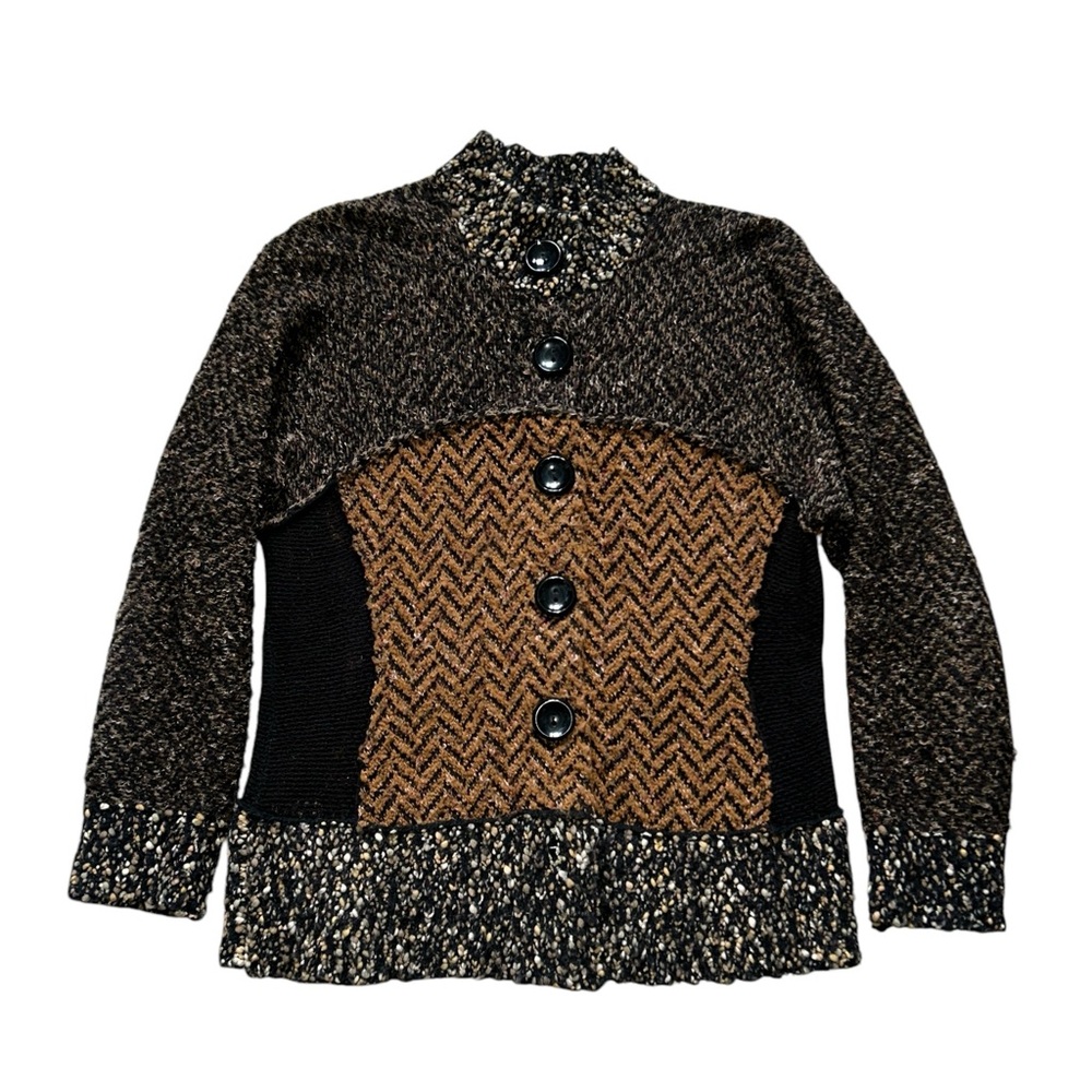 Laura Ashley Wool Knit Blend Boucle Knit Cardigan Brown Black Size MP/LP Vintage
